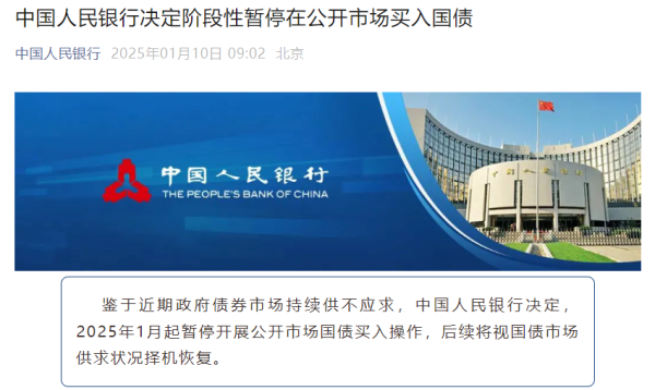 诚信配资 中国人民银行决定阶段性暂停在公开市场买入国债
